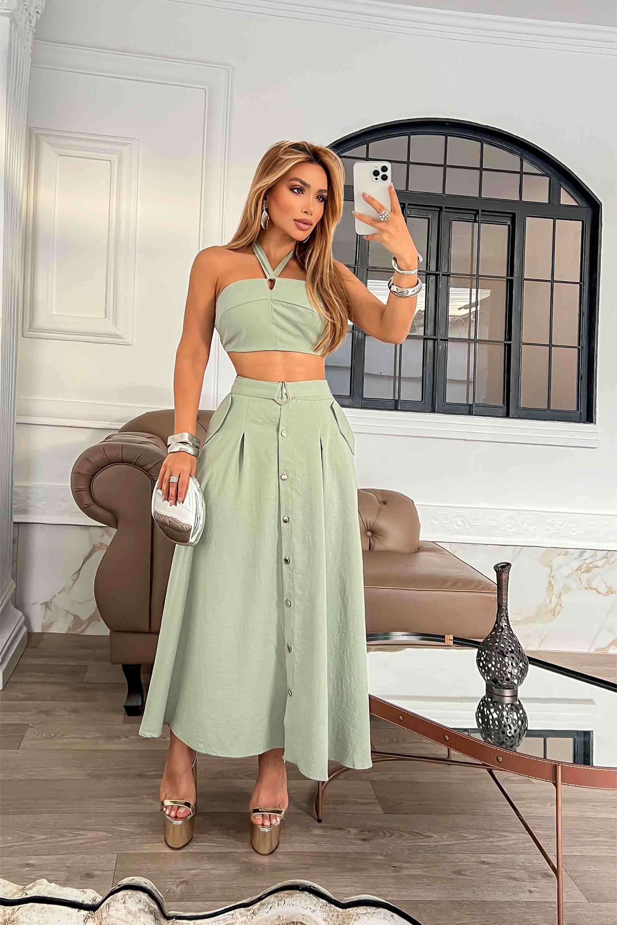 De Linho Saia De Botao Com Cropped Cropped Amarração Saia Midi